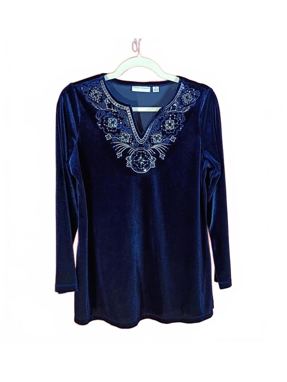 Susan Graver Midnight Blue Velvet Top with Embroidered Neckline Size XS